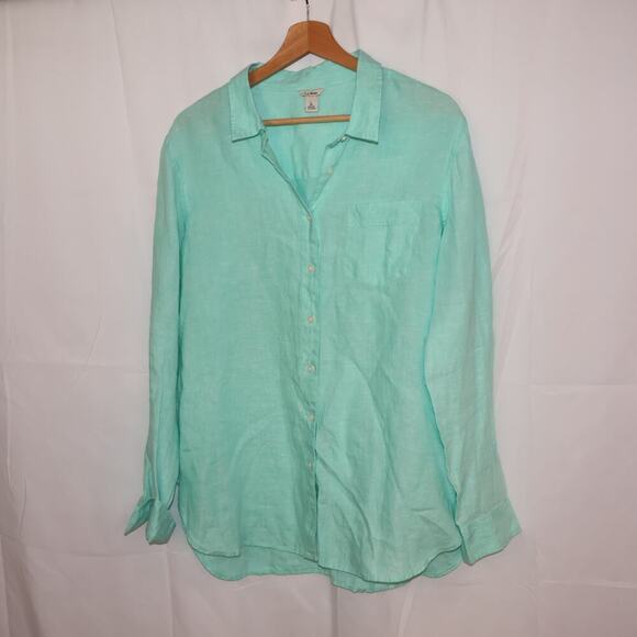 LL Bean Linen Blouse Size L Light Blue Long Cuffed Sleeves P2P 23" - Picture 1 of 16